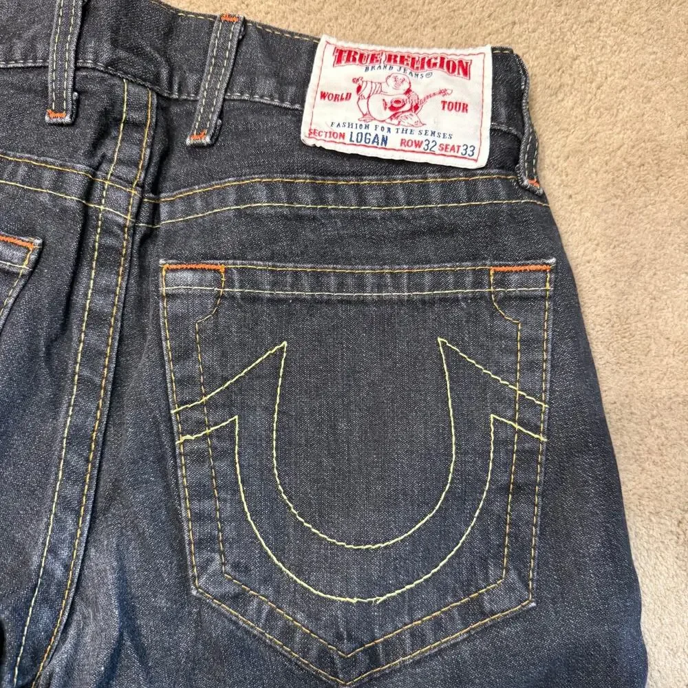 True Religion LOGAN Jeans Mens Black Denim USA Made Size 33W 32L Embroidered